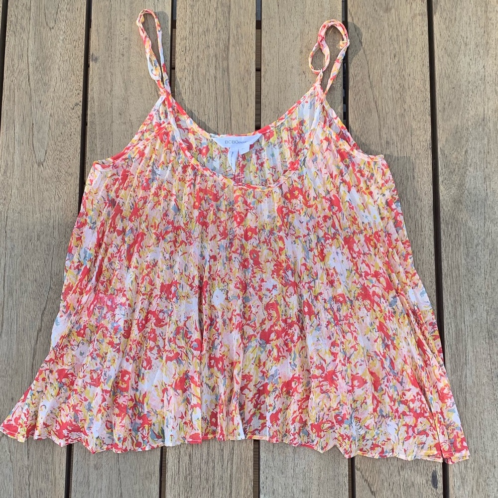 BCBG Pleated Asymmetrical Floral Crop Top